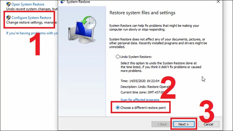 Chọn Configure System Restore và chọn tiếp Choose a different restore point sau đó nhấn Next.