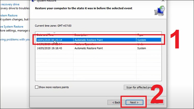 Chọn file backup và nhấn Next