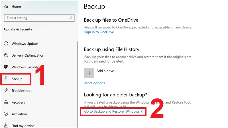 Chọn Backup sau đó chọn Go to Backup and Restore