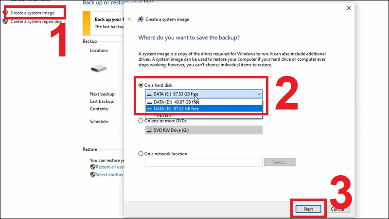 Nhấn Create a system image và chọn nơi sẽ chứa dữ liệu sao lưu
