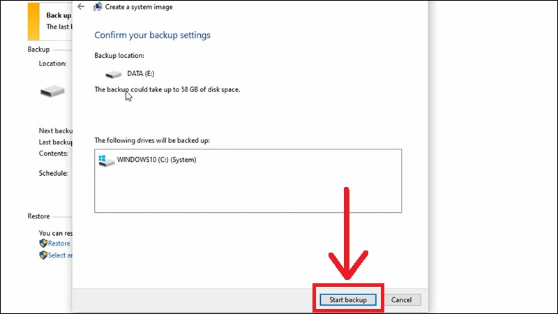 Xác nhận lại thông tin và chọn Start Backup