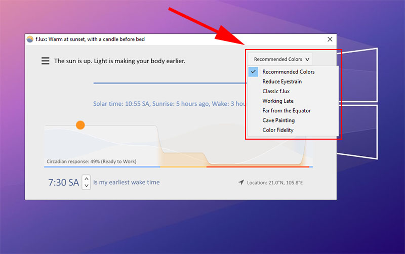 Lựa chọn độ ấm của màn hình ở góc trên cùng bên phải