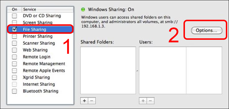 Chọn Options trong File Sharing