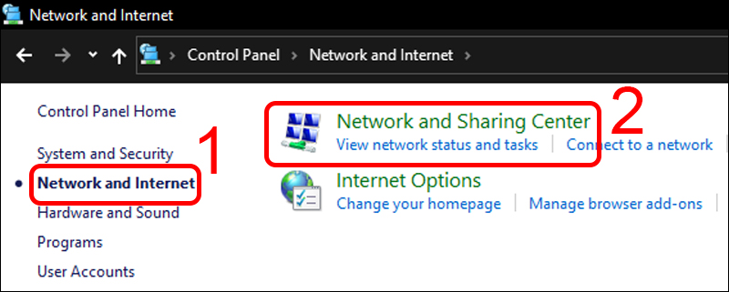 Mở Network and Sharing Center trong Control Panel