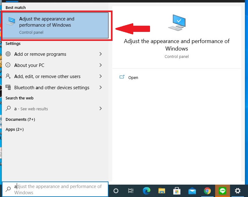 Mở phần mềm Adjust the appearance and performance of Windows