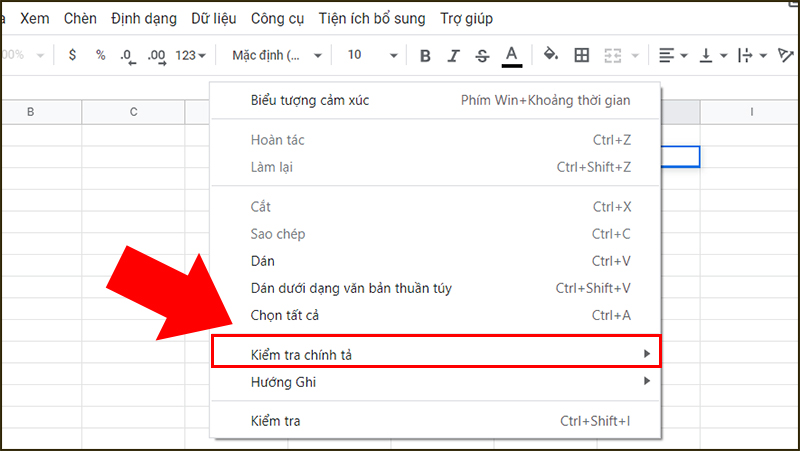 Vào vùng soạn thảo và chọn Kiểm tra chính tả
