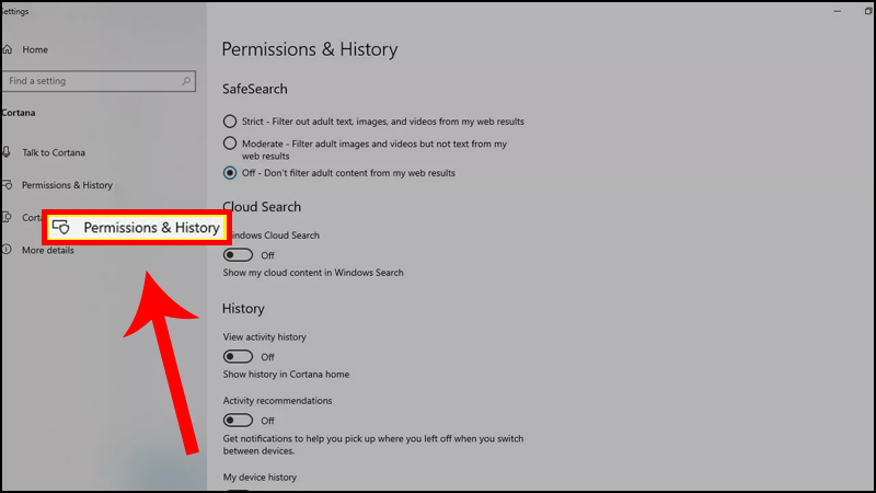 Chuyển tất cả các mục trong Permissions & History sáng Off