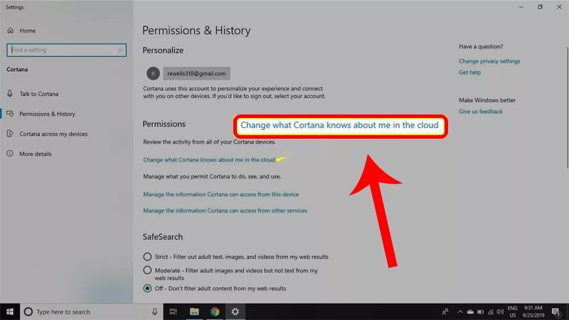 Chọn mục Change what Cortana knows about me in the Cloud