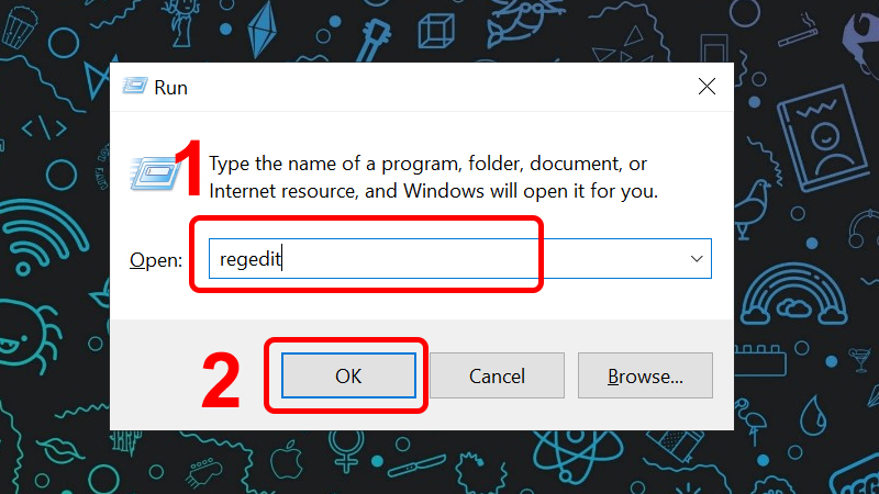Nhập regedit tại ô Open