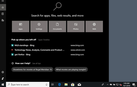 Giao diện tìm kiếm Windows 10