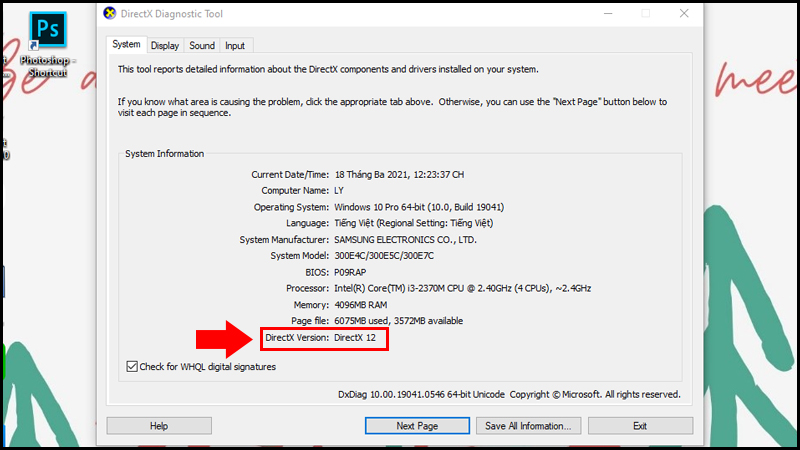 Kiểm tra phiên bản DirectX trong mục DirectX Version