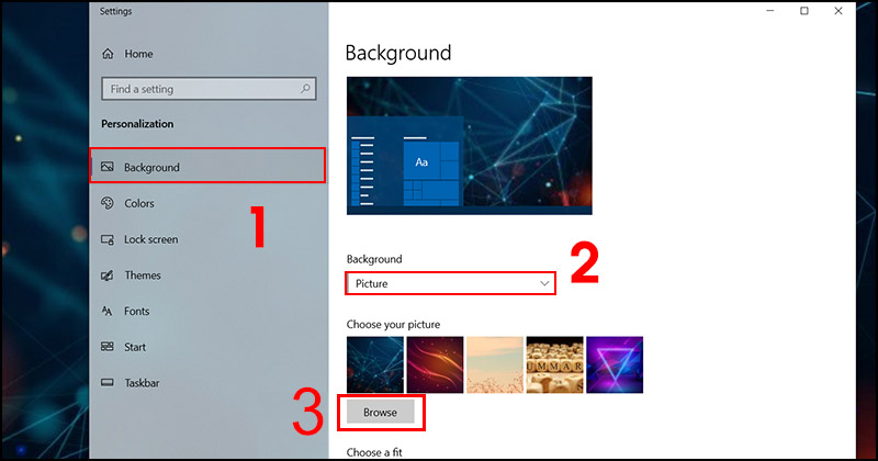 mục Background > Nhấn vào Picture