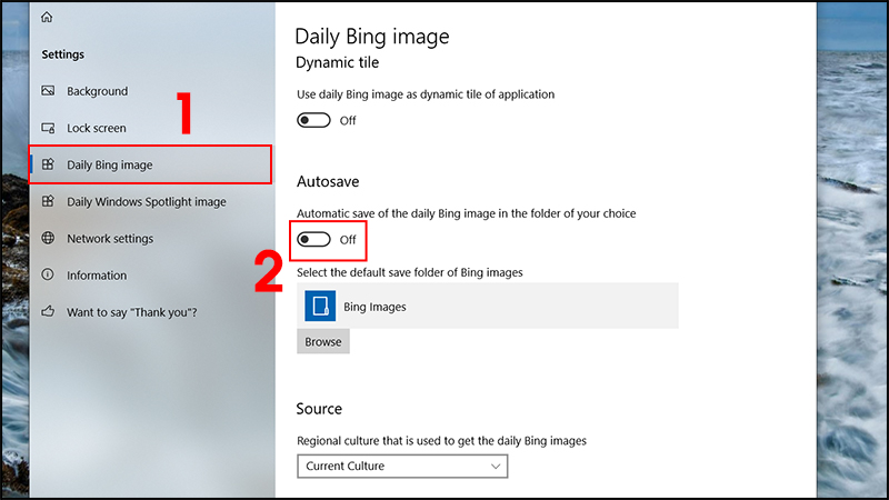 Tại mục Autosave gạt nút sang phải (chế độ On) để tự động lưu hình nền từ Bing
