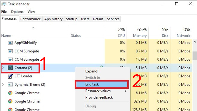 Chọn End Task tiến trình Cortana