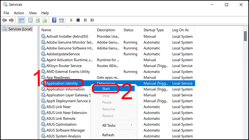 Chọn Start dịch vụ Application Identity