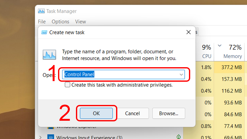 Nhập Control Panel và nhấn OK