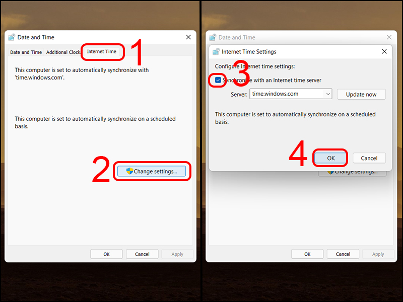 Bỏ tick Synchronize with an Internet time server