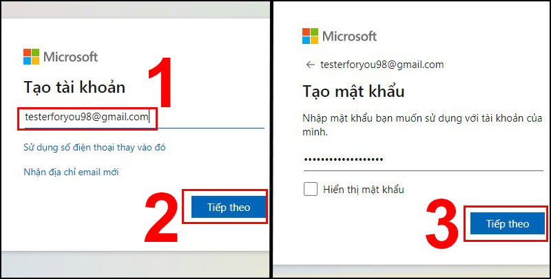 Nhập email của bạn và tiến hành cài đặt mật khẩu