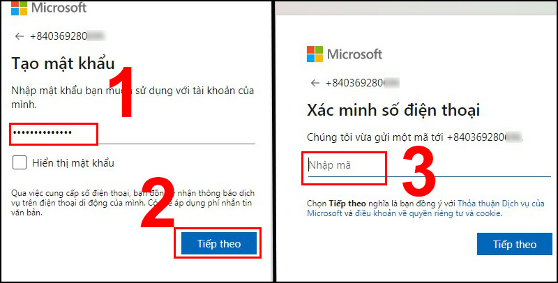 Đặt mật khẩu và nhập mã xác nhận