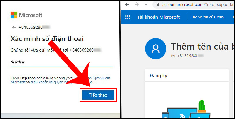 Nhấn tiếp theo là bạn đã tạo tài khoản Microsoft thành công