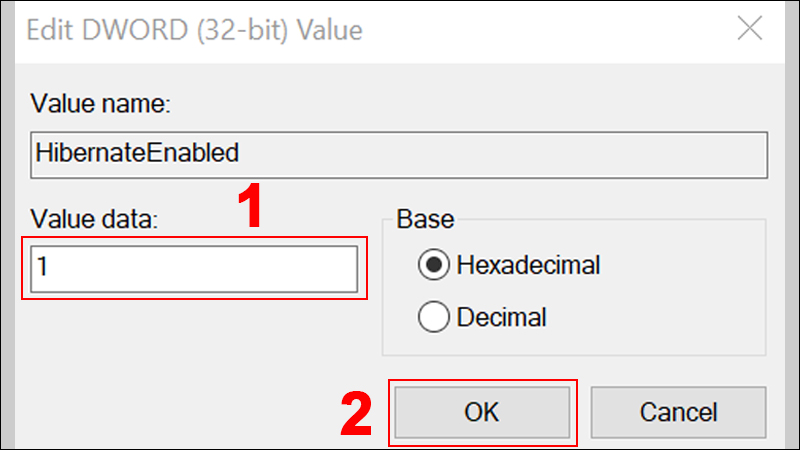 Thay đổi giá trị ô Value data thành 1