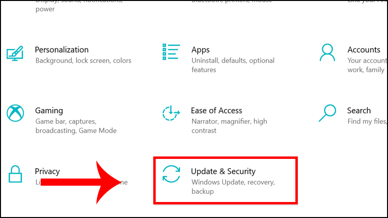 Chọn mục Update & Security