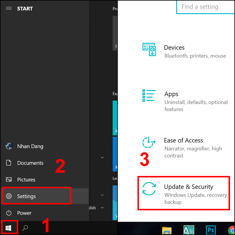 Vào mục Update & Security