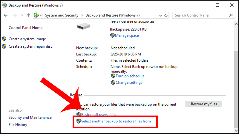 Nhấn chọn phần Select another Backup to Restore files from