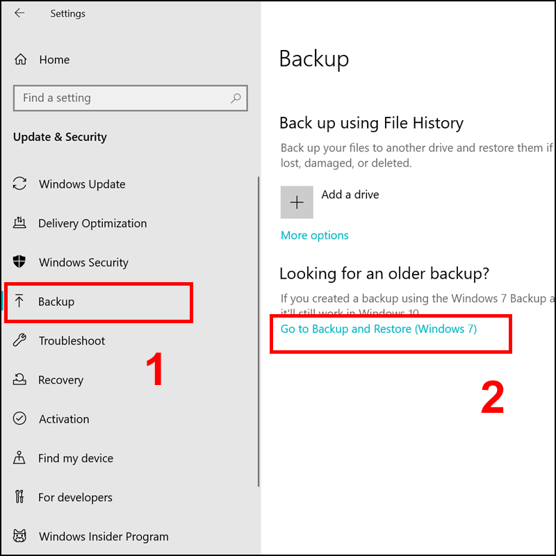 Nhấn vào liên kết Go to Backup an Restore (Windows 7)