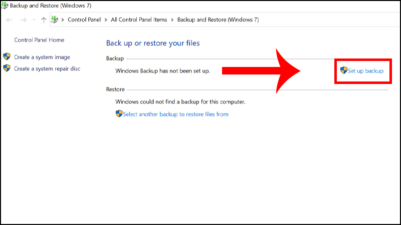 Chọn mục Set up backup