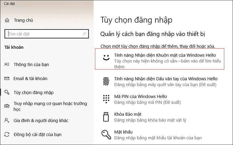 Chọn tính năng Windows Hello Face