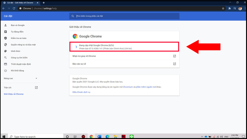 Nhấn vào cập nhật ở ô thứ 2 bên dưới Google Chrome