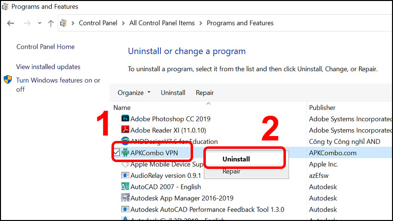 Nhấn chuột phải vào ứng dụng chọn Uninstall