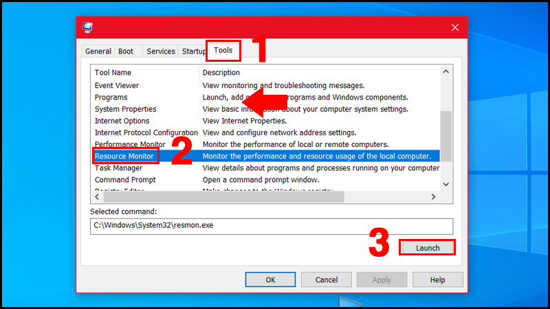 chọn tab Tools, sau đó kéo xuống và chọn Resource Monitor, tiếp tục chọn Launch