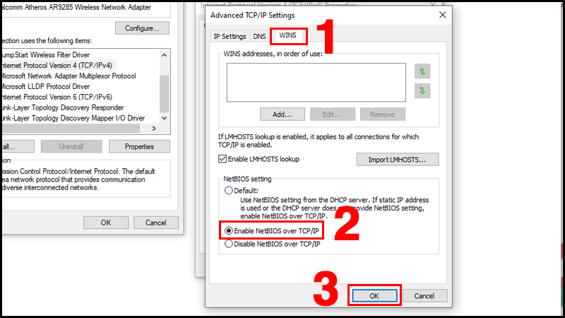 Chọn Enable NetBIOS over TCP/IP