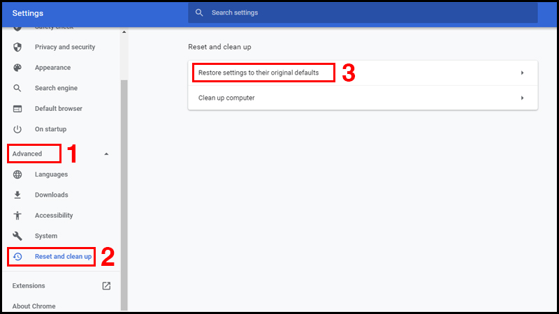Chọn Restore settings to their defaults