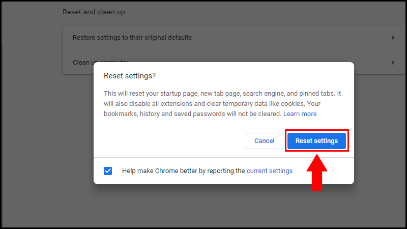 Chọn Reset settings