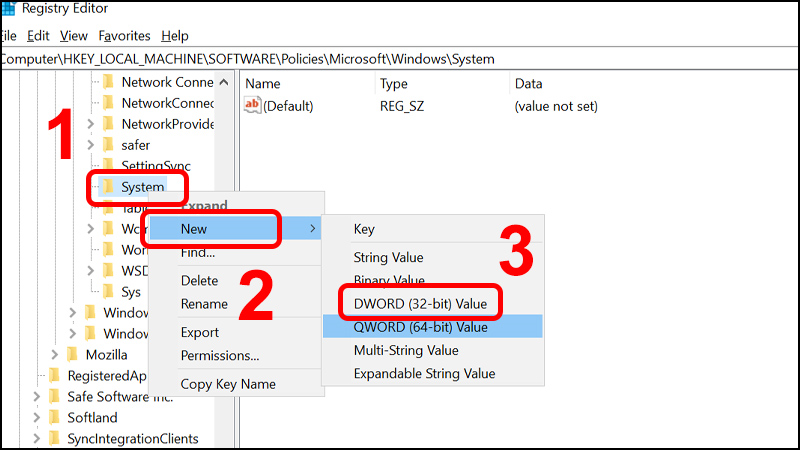Chuột phải vào System > Chọn New > Chọn DWORD (32-bit) Value