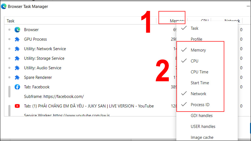 chọn Process ID, Memory, CPU