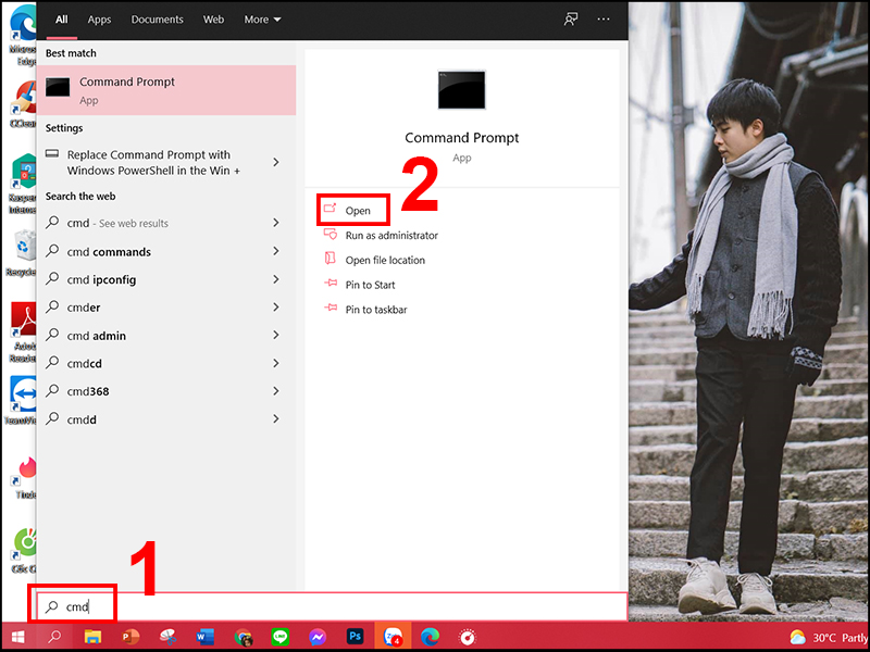 Vào ô tìm kiếm Windows để mở Command Prompt