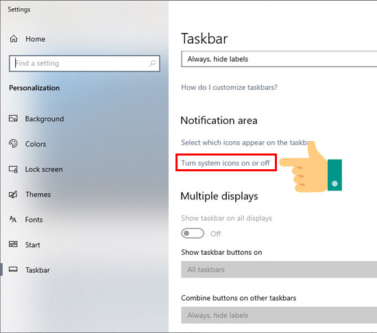 nhấp vào dòng Turn system icons on or off