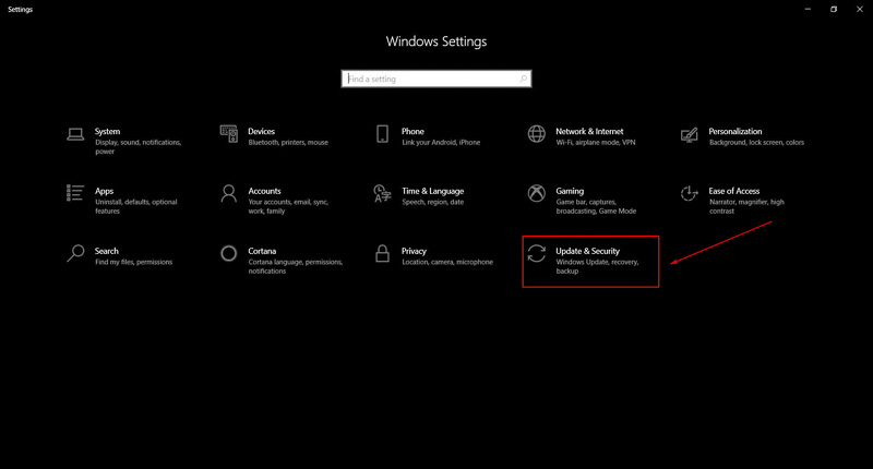 chọn vào mục Update & Security