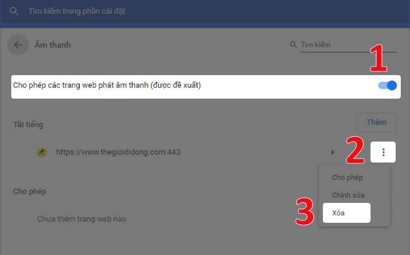 Bật cho phép trang web phát âm thanh và xóa bỏ các trang web bị tắt tiếng